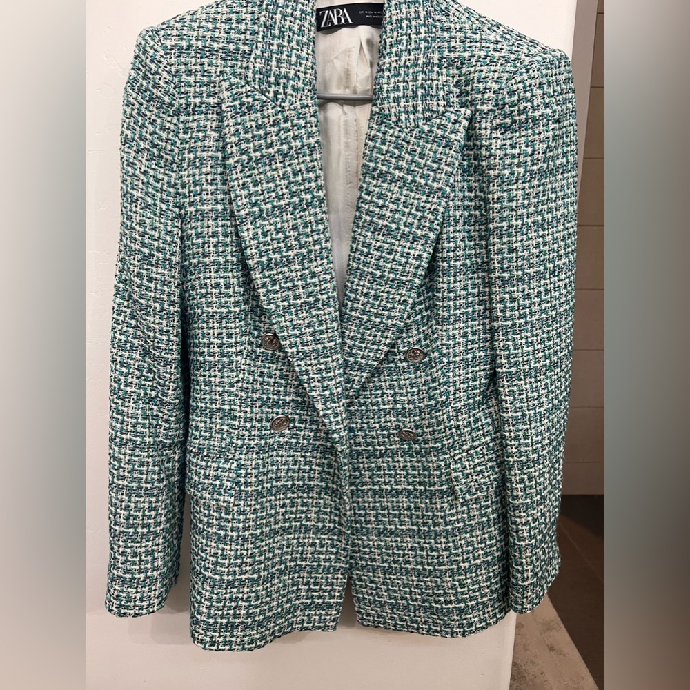 Zara Green White Tweed Double-Breasted Blazer
